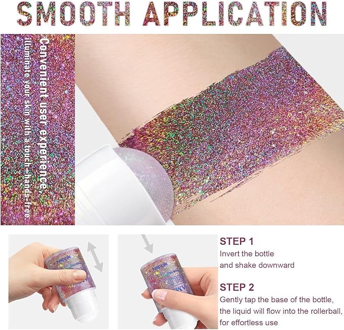 Roll-on Holographic Body Glitter Gel for Face and Hair, Chameleon Color Changing Glitter Gel Under Light, Chunky Mermaid Sequins Festival Party Rave Accessories (Metallic Beauty Beam)