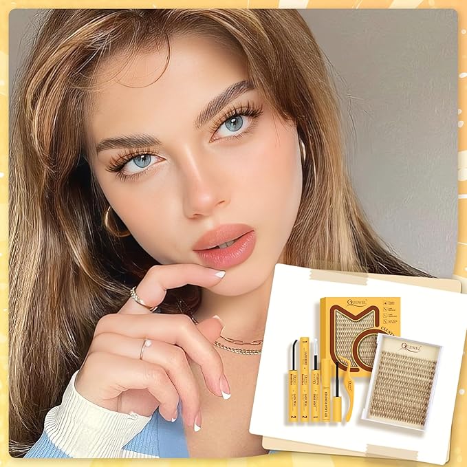 QUEWEL Brown-Lash-Clusters Kit, 120pcs Wispy-Lash-Clusters Kit Mix10-18mm Wispy Natural Invisible Band Eyelash Clusters Kit for DIY Cluster Eyelash Extensions(Brown Feather 4 Set)