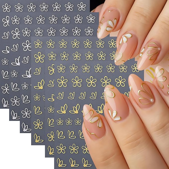6Pcs Gold Nail Art Stickers 3D Metallic Silver Floral Leaf Nails Decals Flower Petal Nails Design Nail Supplies Nails Sticker Floral Manicure Decorations for Women Spring DIY Manicure Accessories
