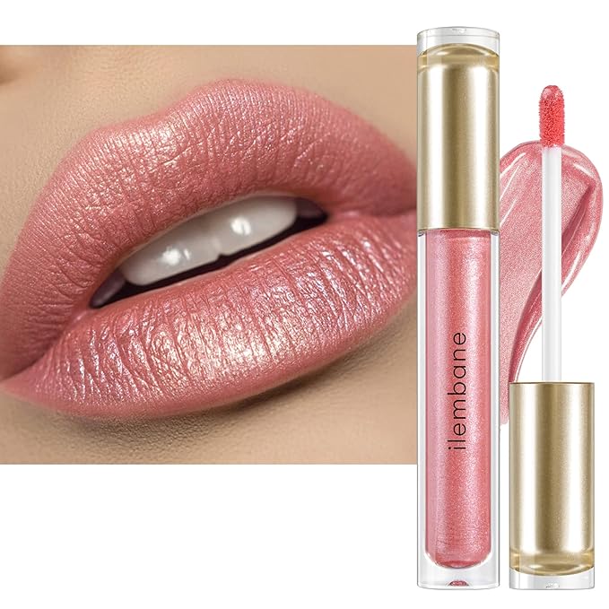 ilembane Nude Pink Metallic Liquid Lipstick – Long Wear Waterproof Lip Gloss with High Pigment, Smudge-Proof, Non-Sticky, Lightweight Lip Makeup for Party, Stage & Daily Wear (Glow Time)