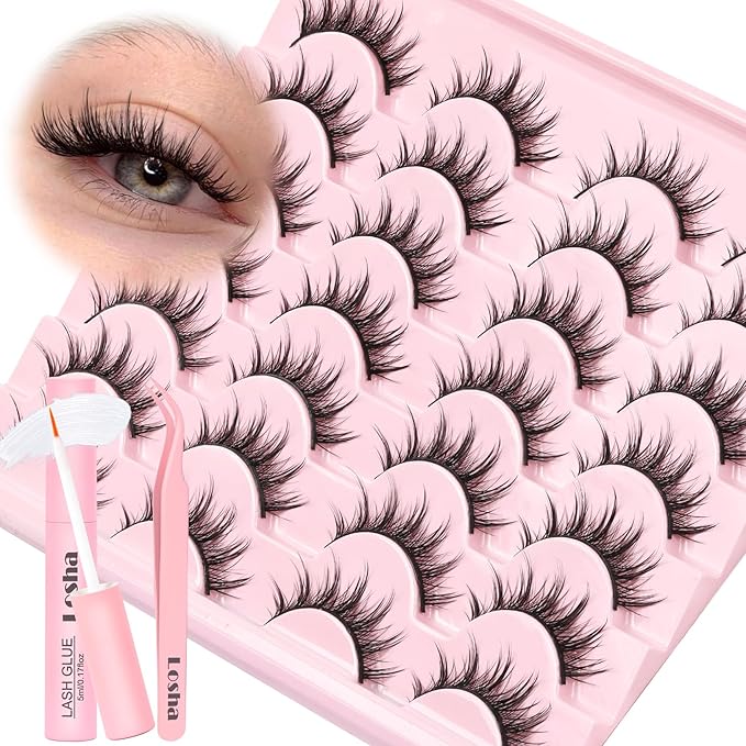 Losha Lashes Natural Manga Lashes 14 Pairs Wispy False Eyelashes Asian Anime Eye Lashes Kit with Lash Glue and Lash Tweezers Soft Fake Eyelashes (Manga)