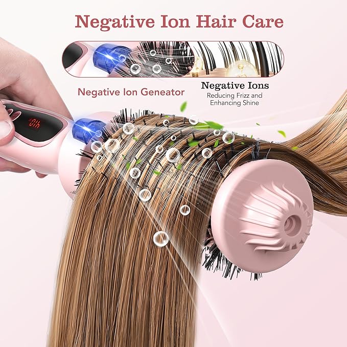 Thermal Brush, 1.5 inch Heated Round Brush Hair Curling Brush for Natural Curl, Straightener and Curler 2 in 1, Negative Ion Technology, 9 Temperature Settings, Dual Voltage for Travel, Pink