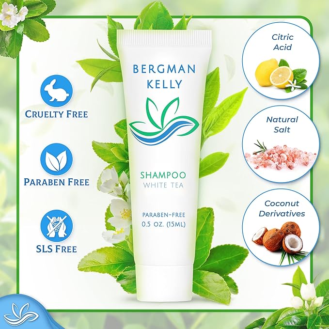 Bergman Kelly - Travel Shampoo and Conditioner Set - 0.5 fl oz, 100 Pieces, White Tea - Delight Your Guests with Revitalizing and Refreshing Hotel Toiletries and Guest Hospitality in Bulk