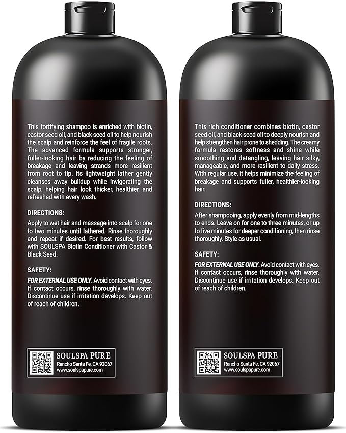Biotin Shampoo and Conditioner Set with Castor & Black Seed | Sulfate Free Hair Care System for Thinning and Weak Hair | Nourishing Care for Dry Scalp for Men & Women – 16 fl oz Each | SOULSPA PURE