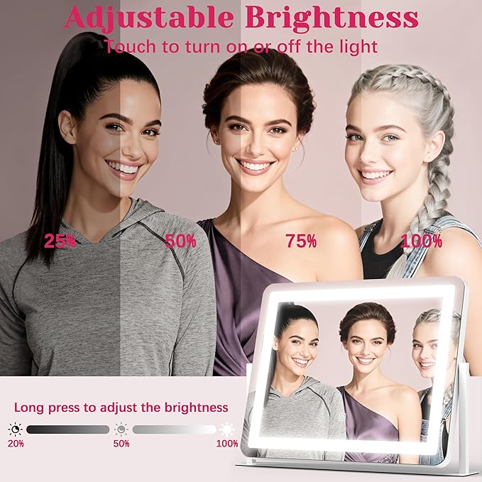 HNV 22"x17" Vanity Mirror with Lights, LED Makeup Mirror with 3 Color Modes & Dimmable Touch Control, 360° Rotation, Aluminum Frame, Large Lighted Mirror for Bedroom or Dressing Table