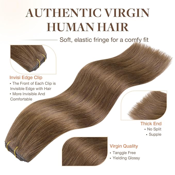 GOO GOO Invisi Edge Clip in Hair Extensions 14inch 110g 7Pcs Injected Seamless PU Clip in Hair Extensions, Virgin Real Human Hair, 5 Light Ash Brown