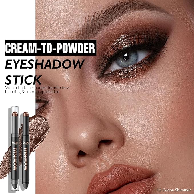 Dual-Ended Cocoa Shimmer Eyeshadow Stick - Long-Lasting Cream Eye Shadow Stick Crease-Proof Eyeshadow Pencil, Easily Blendable Multi-Use Smoky Eye Highlighter Makeup with Built-in Smudger, 15