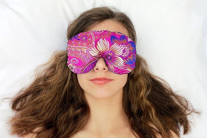 Candi Andi Handmade Opulence Yoga Eye Pillow - Weighted Flaxseed Fill, Lavender Aromatherapy, Satin & Velvet, Adjustable Strap - Ideal for Meditation & Restful Sleep - Fuchsia Garden - TEMFL-FG
