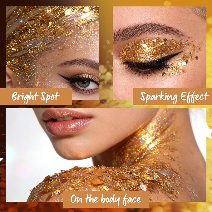 Gold Body Glitter Gel, Yellow Body Glitter for Face Body Hair, Chameleon Color Changing Glitter Gel for Singer Concert Outfits Mermaid Sequins Festival Accessories Shimmer Makeup #3
