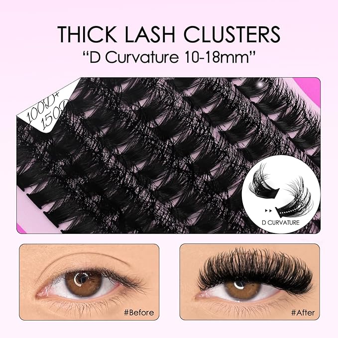 Lash Clusters Eyelash Clusters 100D+150D Thick Volume Cluster Eyelash Extensions D Curly Cluster Lashes 10-18mm Wispy Lash Clusters DIY Lash Extension (100D+150D-10-18MIX Lashes)
