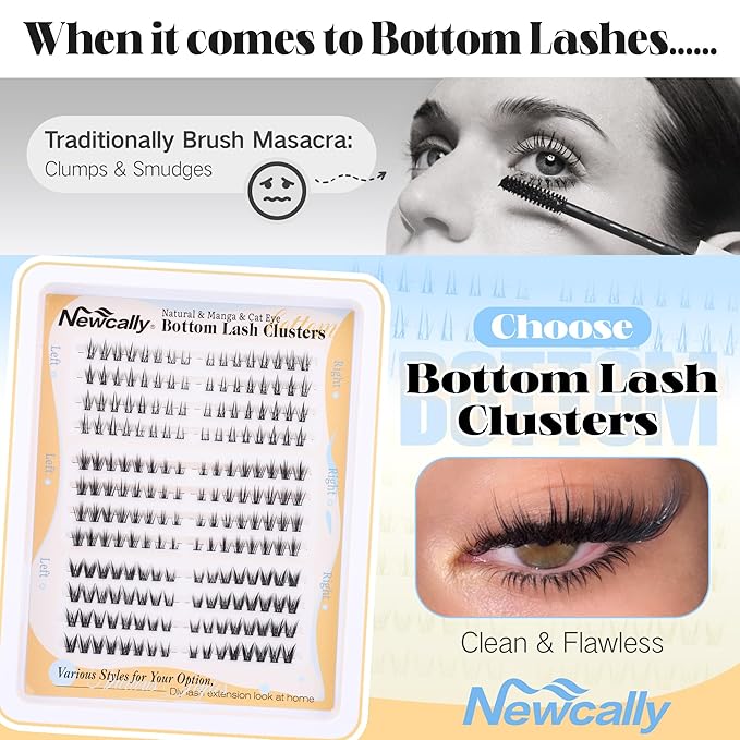 Bottom Lash Clusters Natural Look 4-7MM Lower Lashes CC-Curly Bottom Eyelashes Individual Lashes 3 Styles Left and Right Lashes Clusters DIY Lash Extension at Home Easy Application by Newcally
