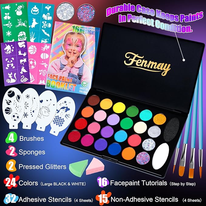 Face Painting Kit for Kids, Non-Toxic and Hypoallergenic Face Paint Makeup Kit| with Stencils, Book, Easy to Use and Safe for Kids, Fun for Halloween, Birthday Party, School Event