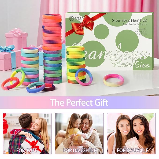 Bessrung 100 PCS Seamless Hair Ties, No Damage Elastic Hair Ties for Women Girls, Strong Hold No Slip Hair Bands, Soft Stretchy Ponytail Holders for Thin Thick Hair Valentine's Gift(Rainbow Color)