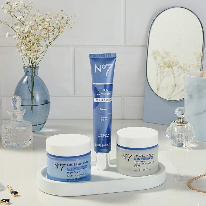 No7 Lift & Luminate Triple Action Fragrance Free Day Cream SPF 30 - Broad Spectrum Anti-Aging Face Cream - Hydrating Hibiscus Peptides & Hyaluronic Acid + Emblica & Vitamin C (2 pack, 1.69 Fl Oz each)