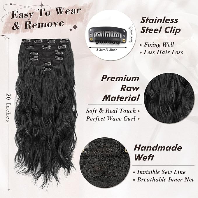 BARSDAR Wavy Black Clip in Hair Extensions - Black Wavy Clip in Hair Extensions for Women - 20 Inch 6 PCS Easy Wear Thick Soft Synthetic Natural Looking Hairpieces Daily Party Halloween