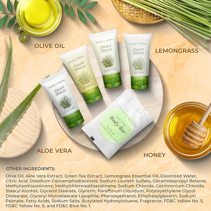 Desert Breeze Hotel Soaps and Toiletries Bulk Set | 1oz Hotel Shampoo & Conditioner, Body Wash, Body Lotion & Bar Soap | Half Pallet 21 cases with 300 units each - 6,300 pieces
