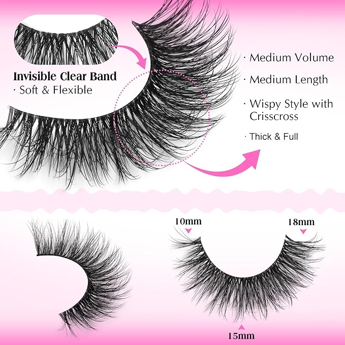 Mink Lashes Wispy False Eyelashes Clear Band Fake Strip Lashes Natural Look 18 mm Cat Eye Eyelashes Pack Pestañas Postizas Naturales Soft 3D Lashes, 7 Pairs