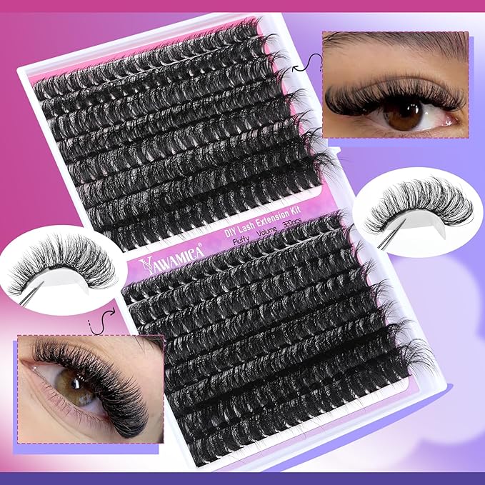 Fluffier Volume Lash Clusters 320pcs DIY Lash Extension 10-20mm D Curly Eyelash Clusters 80D+100D Wispy Individual Lashes Cluster Eyelash Extensions DIY Lash at Home by Yawamica