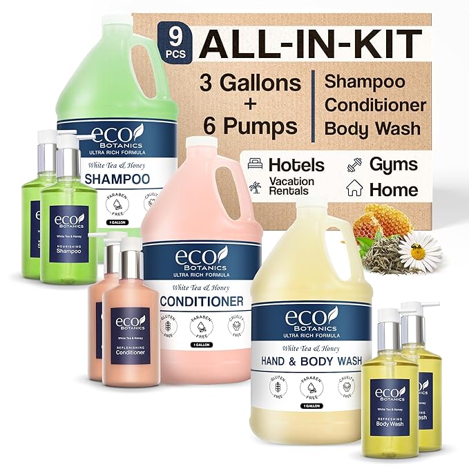 Terra Pure | Eco Botanics Gallon & Dispenser Set | 1-Shoppe Hotel Amenities Kit | Shampoo, Conditioner, Body Wash Gallon | Refillable 10.14oz Matching Pump Bottles