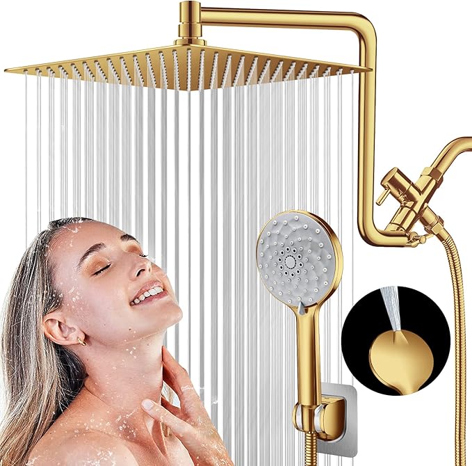 PinWin 12'' Dual Shower Head with Adjustable Extension Arm and 6-Setting Handheld Shower Head Combo, Brushed Gold
