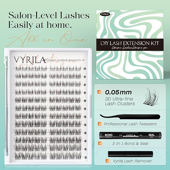 Lash Clusters Kit 0.05mm Individual Lashes, 3D Wispy Lashes, 0.1mm Super Thin Band Resuable Natural Lashes,D Curl Faux Mink Lashes,120pcs Lash Extension (Green Charm-D-0.05-8-16mix-Kit)