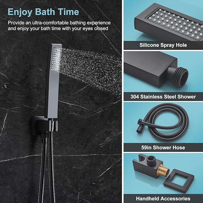 RTTWYYUU Matte Black Shower Head and Handle Set 8 Inch, Rain Shower Head with 2 Hooks, Luxury Rain Shower Set Square Wall Mount for Bathroom with Rain Shower and Handheld Shower System