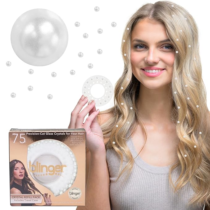 blinger® Shimmer Crystal Refill Pack – as seen on Shark Tank | 5 Discs – 75 Precision-Cut Glass Crystals | Hair-Safe Accessories | Styling Tool not Included | Pure White Pearls 5 mm