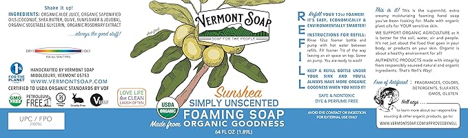 VERMONT SOAP Organic Unscented Foaming Hand Soap - Natural Moisturizing Soap for Dry Skin - Fragrance Free Liquid Bathroom Hand Soap - Simply Unscented - 64 oz