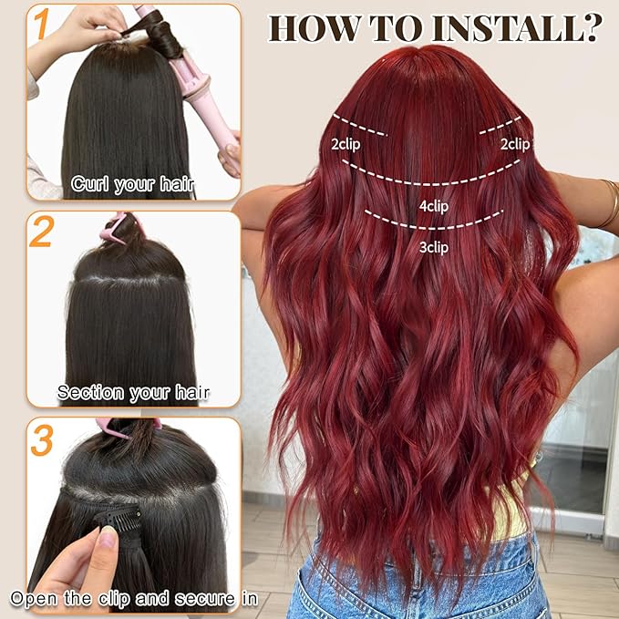 ALXNAN Clip in Long Wavy Synthetic Hair Extension 24 Inch Red 4PCS Thick Hairpieces Fiber Double Weft Hair for Women