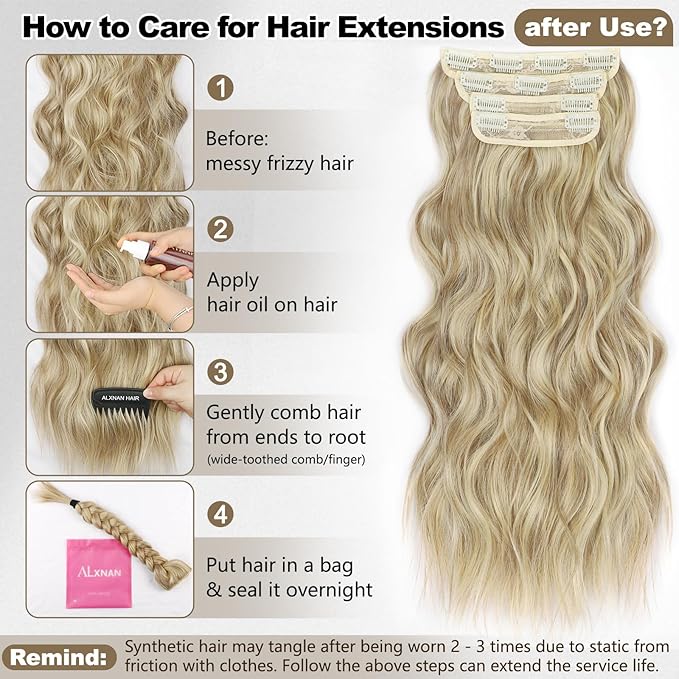 ALXNAN Clip In Hair Extensions,Dirty Blonde Long Wavy Hair Extensions 20 Inch 4PCS Thick Hairpieces for Women
