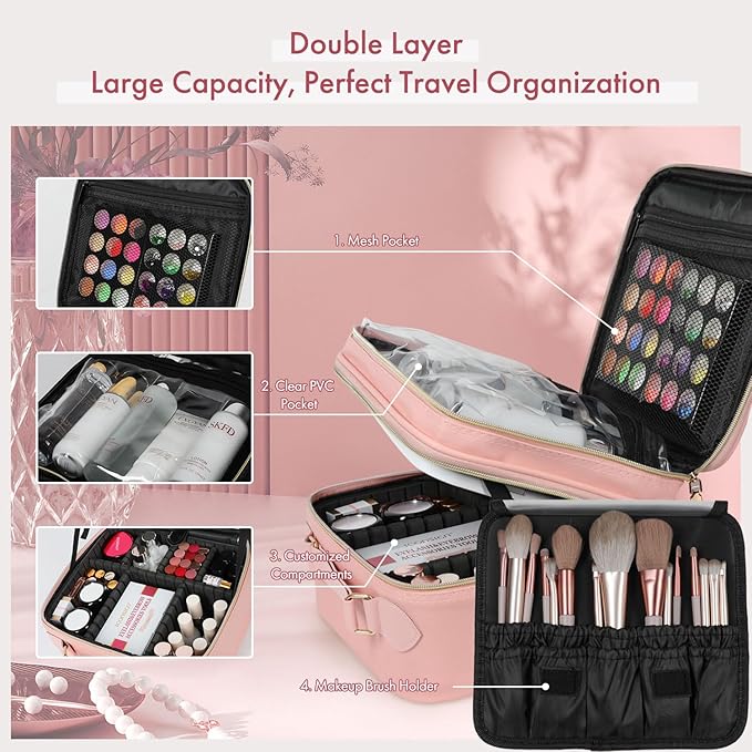 Behaesty Travel Makeup Bag with LED Mirror Double Layer, Detachable Vanity Mirror with Lights, Tri-light Dimmable, Makeup Case with Adjustable Dividers and Brush Holder Cosmetic Organizer Storage Box