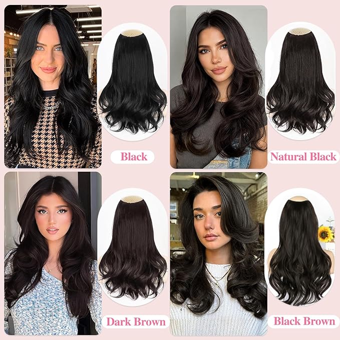 ALXNAN Long Wavy Layered Hair Extensions for Women, Clip in Hair Extensions Clip Ins Soft Full Head Synthetic Hairpieces 16 Inch Black