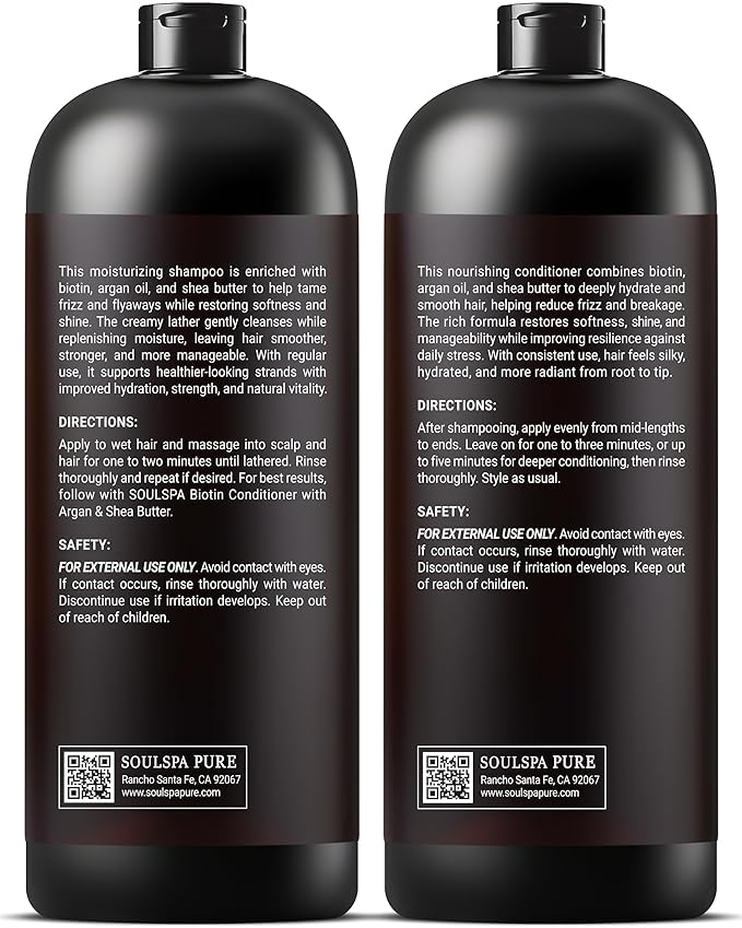 Biotin Shampoo and Conditioner Set with Argan & Shea Butter | Moisturizing & Thickeing Formula | Sulfate free Shampoo and Conditioner for Curly, Dry or Damaged Hair | SOULSPA PURE – 16 fl oz Each