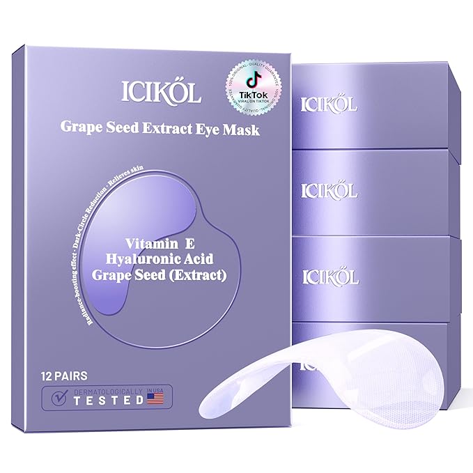 ICIKOL Collagen Under Eye Patches for Puffy Eyes and Dark Circles, Under Eye Mask for Radiance Boost, Deep Hydrating Undereye Mask Patches for Treatment with Women Beauty (60 Pairs, Grape seed)