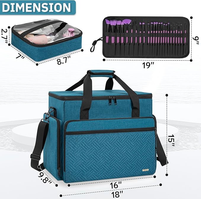 FREEAMG Extra Large Makeup Case with 4 Removable Pouches, Professional Make up Train Case,Travel Cosmetic Bag for Hairstylists Nail Tech Makeup Artist with Shoulder Strap and Handle （Blue）（Bag only）