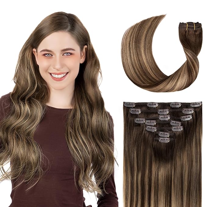 Clip in Hair Extensions Real Human Hair, Invisible Clip In Hair Extensions 100% Human Hair, Balayage Chocolate Brown to Caramel Blonde #4TP27/4 16Inch 120G 7PCS