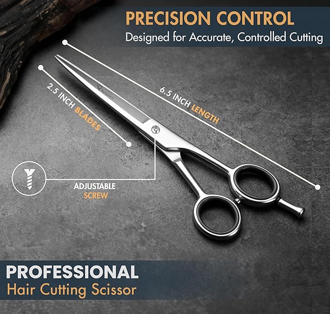Ruvanti Hair Cutting Scissors - Professional Barber Shears for Salon & Home Use, Sharp Stainless Steel Hair Scissors with Ergonomic Grip, 6.5 Inch Right Handed