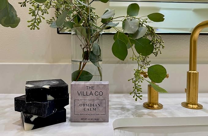 The Villa Co - Obsidian Calm | 4.5oz Exfolidating Body Bar for Men | Artisan Made in USA | Natural Ingredients | Activated Charcoal
