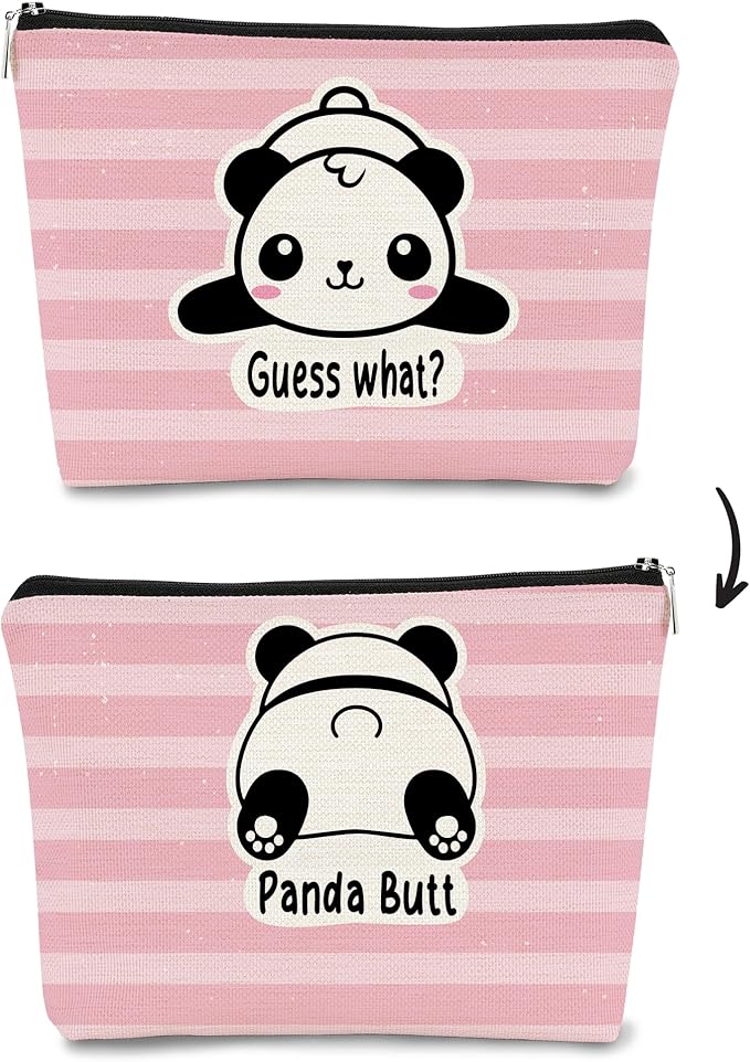 BARPERY Panda Gifts Pink Makeup Bag,Gifts for Panda Lover Wonmen Girls,Cute Baby Panda Guess What It's Pug Butt Cosmetic Bag,Makeup Case for Teen Girls Daughter, Panda Accessories(Pink Stripe)