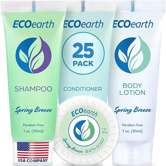 EcoEarth Hotel Toiletries Bundle (Spring Breeze, 1 oz each, 100 Pieces) 4-Piece Set: 25 Round Bar Soap, 25 Shampoo, 25 Conditioner & 25 Body Lotion - Bulk Mini Guest Amenities