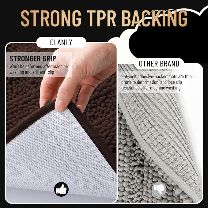 OLANLY Thick Bathroom Rugs 47x20, Extra Soft Absorbent Chenille Striped Bath Rugs, Rubber Backing, Machine Wash Dry, Bath Mats for Bathroom Floor, Tub and Shower, Home Decor Accessories, Brown