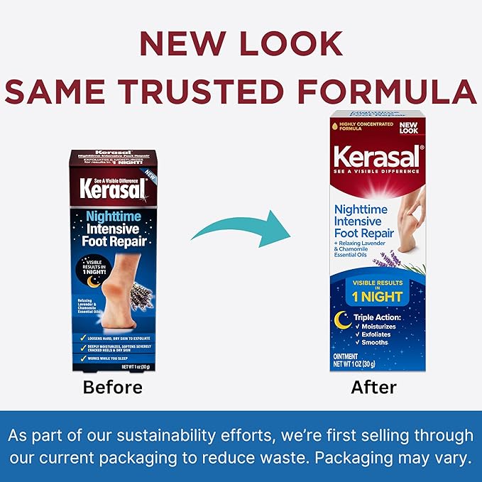 Kerasal Nighttime Intensive Foot Repair, Skin Healing Ointment for Cracked Heels and Dry Feet, 1 oz (Packaging May Vary)