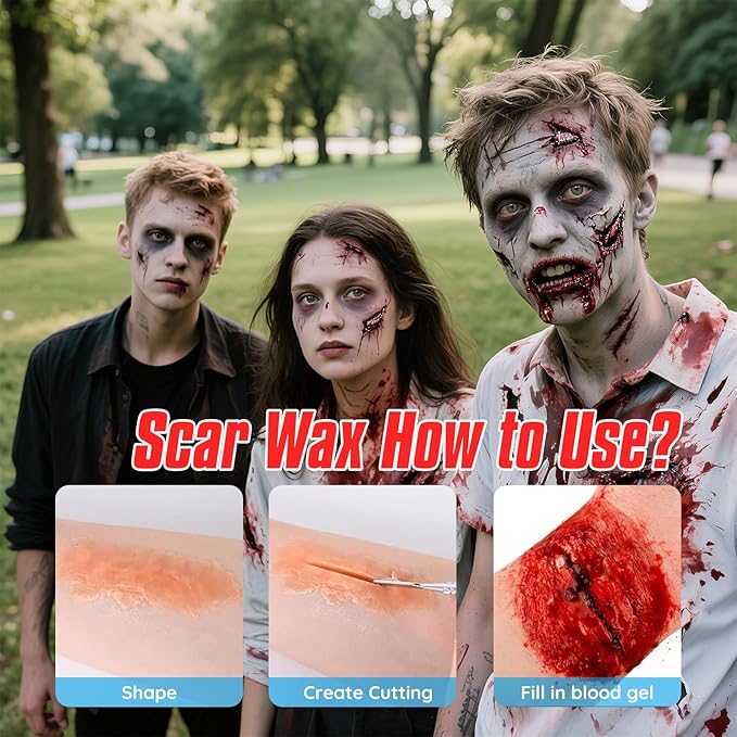Halloween Zombie SFX Makeup Kit, Complete Zombie Makeup Set Include 5 Colors Face Paint, Scar Wax, Setting Powder, Fake Blood & Liquid Latex for Cosplay Stage Realistic Special Effects Makeup