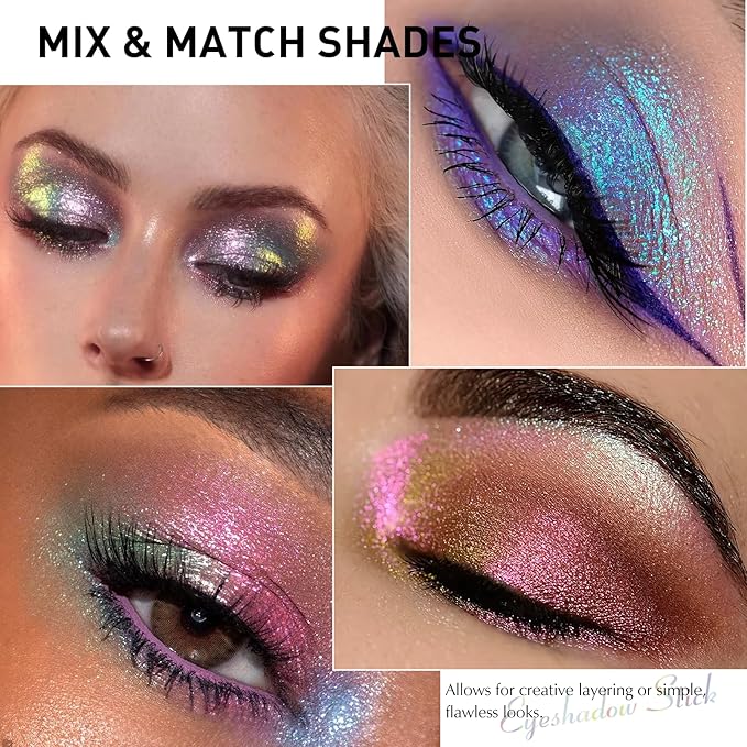 Glitter Eyeshadow Stick Metallic Chrome Finish, Shimmer Cream Eye Shadow Stick Long Lasting Holographic Color Sparkle Multi-Use Eye Brightener Highlighter Makeup Blendable Eyeliner Pencil, 4#