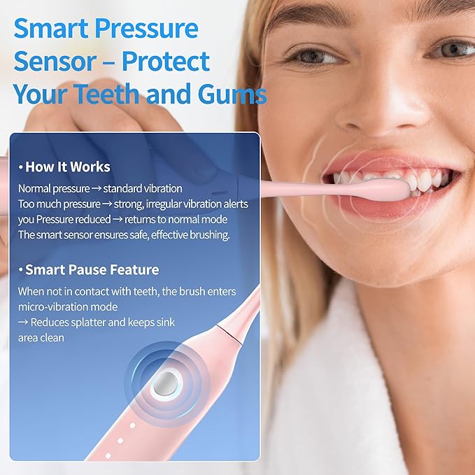 Sonic Vibrating Toothbrush with Pressure Sensor, Pink Electric Toothbrush with 8 Brush Heads, 3 Modes, 33000VPM, 2-Min Timer, One Charge Lasts for 30 Days, 3D Rounded Soft Bristles, IPX7 Waterproof