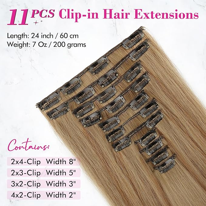 REECHO Hair Extensions, 11PCS Clip in Hair Extensions 24" Long Straight hair extensions HE005 Natural Soft Synthetic Hairpieces for Women Light Brown with Blonde Highlights