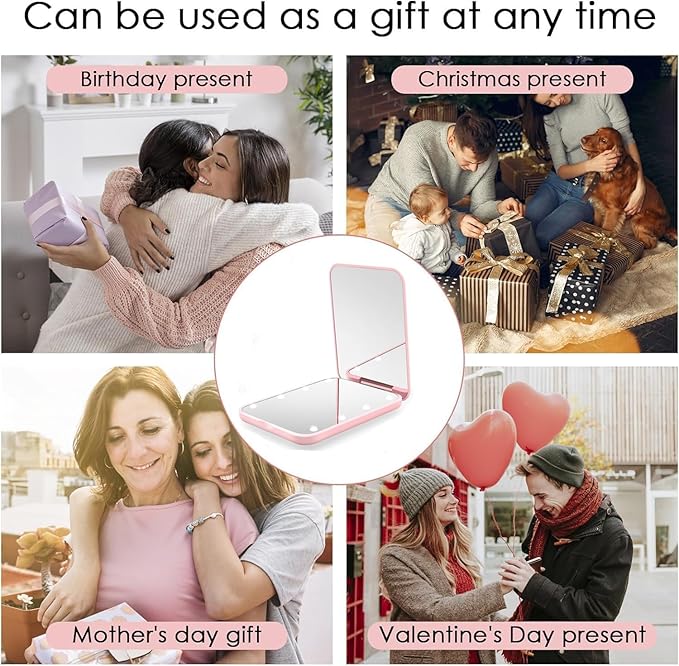 Flymiro Compact Mirror, 1x/3x Magnification Mini Mirror for Purse, Pocket, Handheld, Stocking Stuffers, Travel Makeup, 2-Sided Foldable, Small Mirror with Led Lights