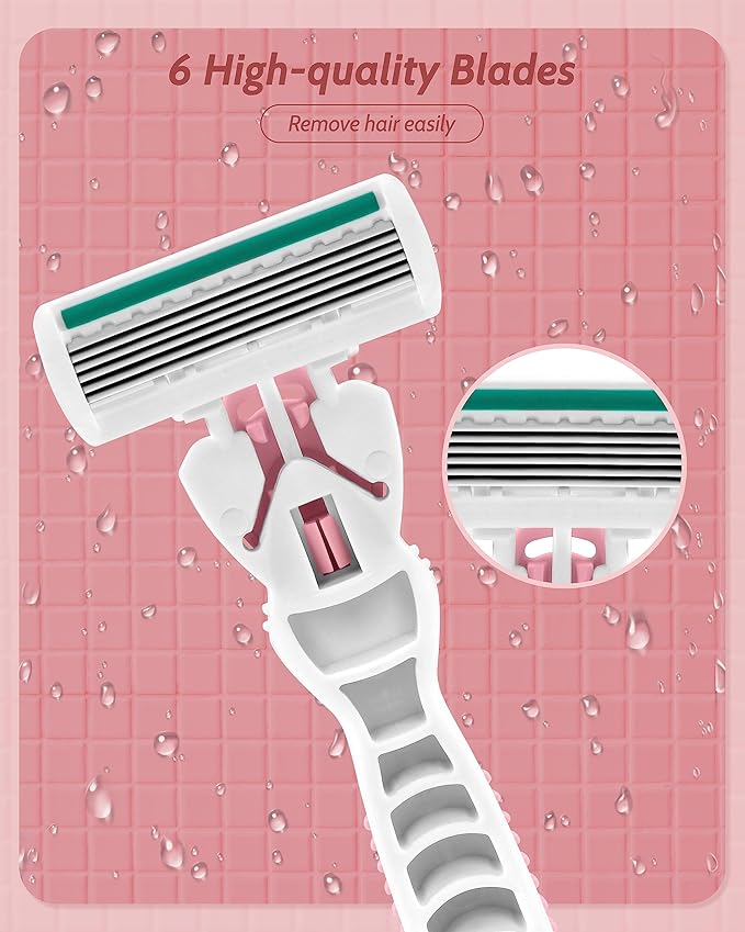 Razors for Women Sensitive Skin, 6 Blades Women’s razors for Shaving Including 1 Travel Razors for Women with 12 Blade Refills， Pink