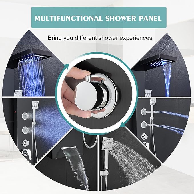 KINKIB LED Shower Panel Tower System, 6-in-1 Shower Tower with Rainfall Waterfall Shower Head, 2 Modes Powerful Body Jets, Handheld Shower and Tub Spout, Stainless Steel Shower Column, Black