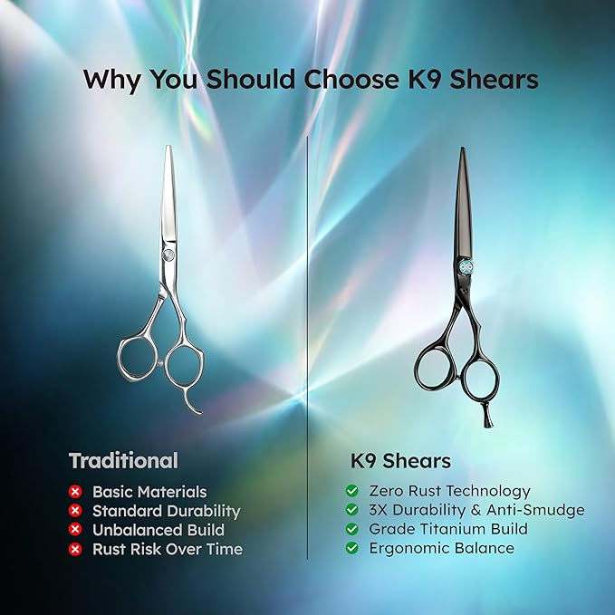 6" Professional Hair Scissors – Barber Shears Made with Titanium-Black VG-10 Steel, 3× Wear & Rust Resistance, Ergonomic Offset Handle and Convex Blade, Anti-Glare Matte Finish | K9 Shears